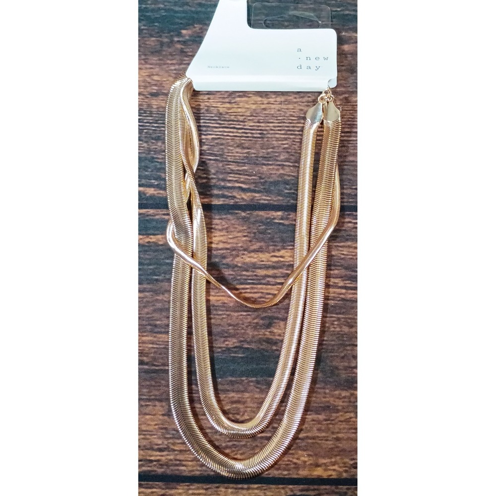 A New Day Gold Tone Triple Strand Herringbone Snake Chain Layered Necklace NWT